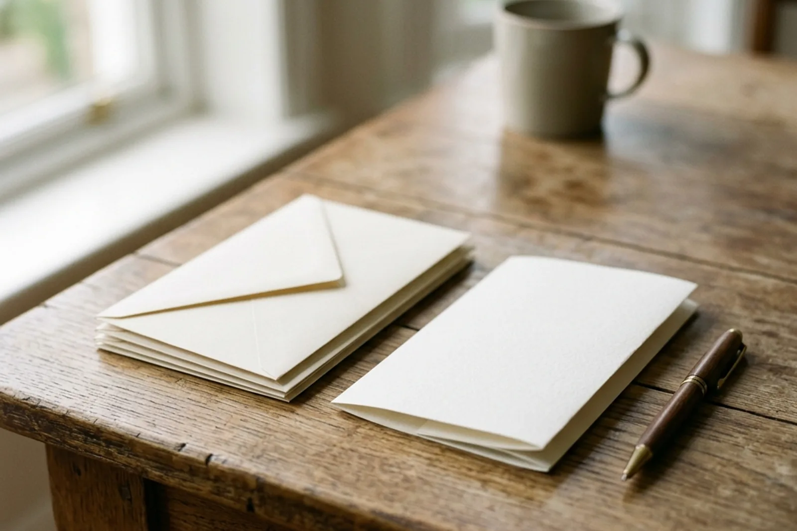 A tidy stack of plain paper envelopes and a folded sheet sorted with a pen on a wooden table in daylight.